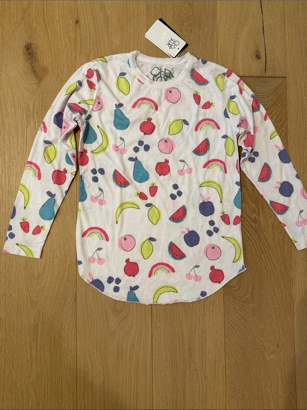 NWT Chaser White Long Sleeve Girls Tee with Multicolor Fruit & Print size 14